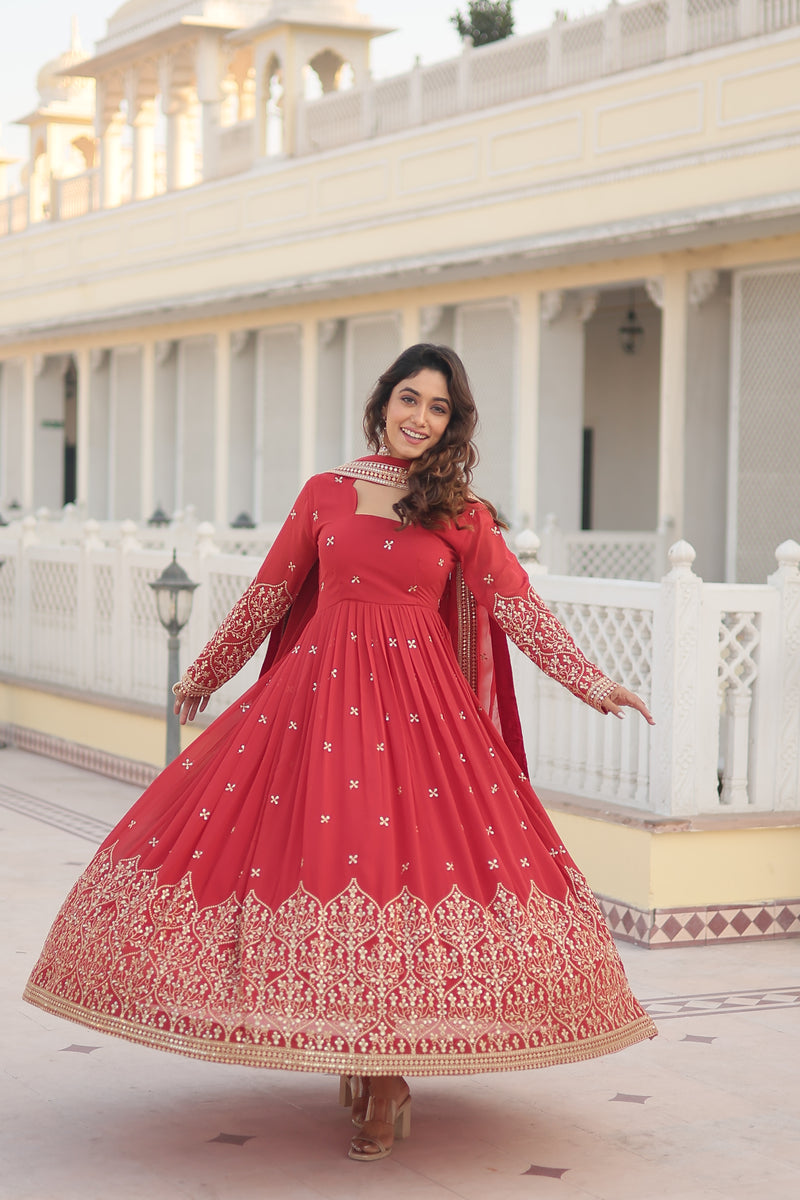 Premium Faux Georgette Gown with Sequins Embroidered Work & Dupatta – Red