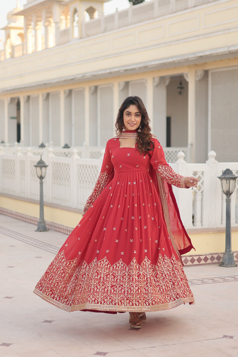 Premium Faux Georgette Gown with Sequins Embroidered Work & Dupatta – Red