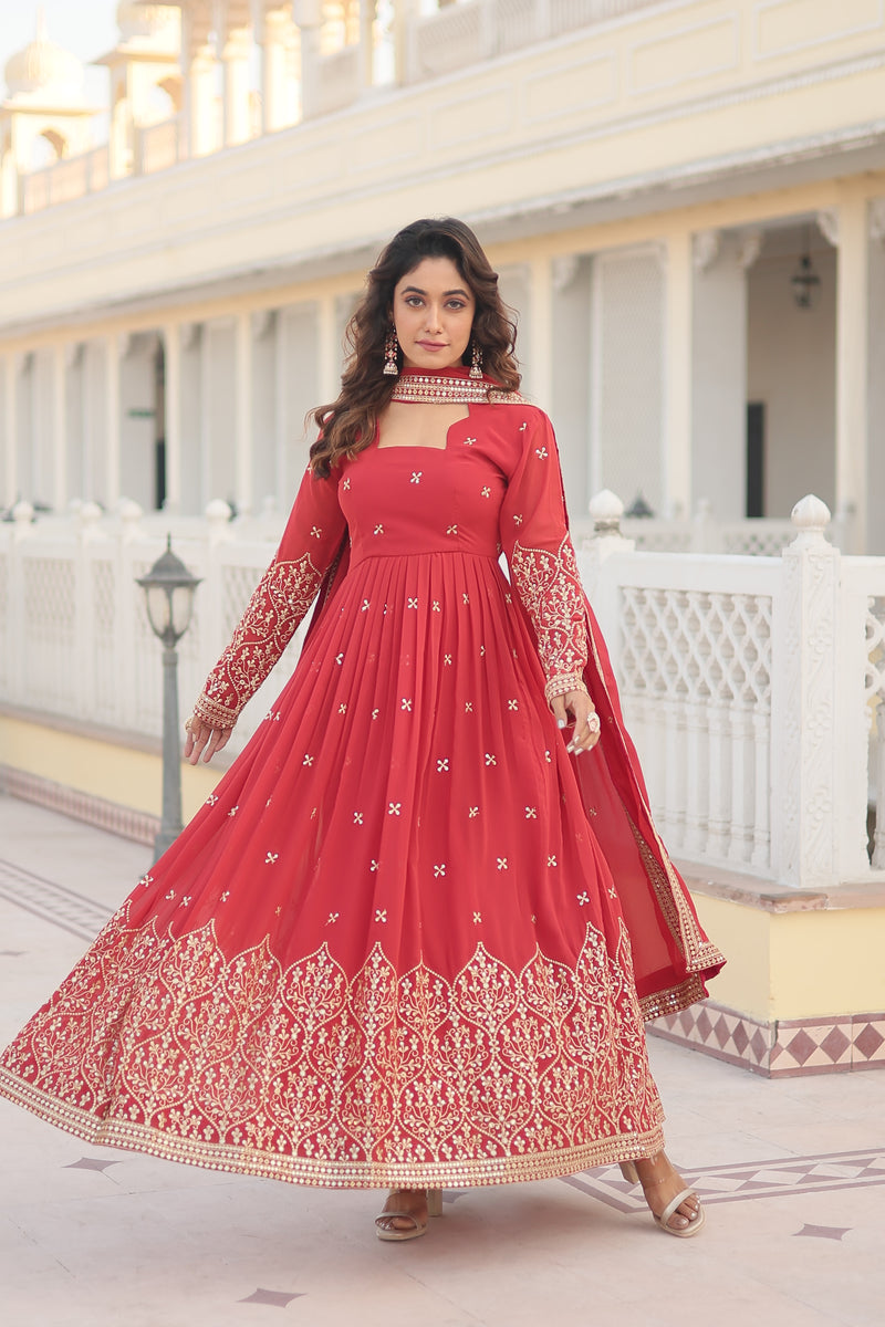 Premium Faux Georgette Gown with Sequins Embroidered Work & Dupatta – Red