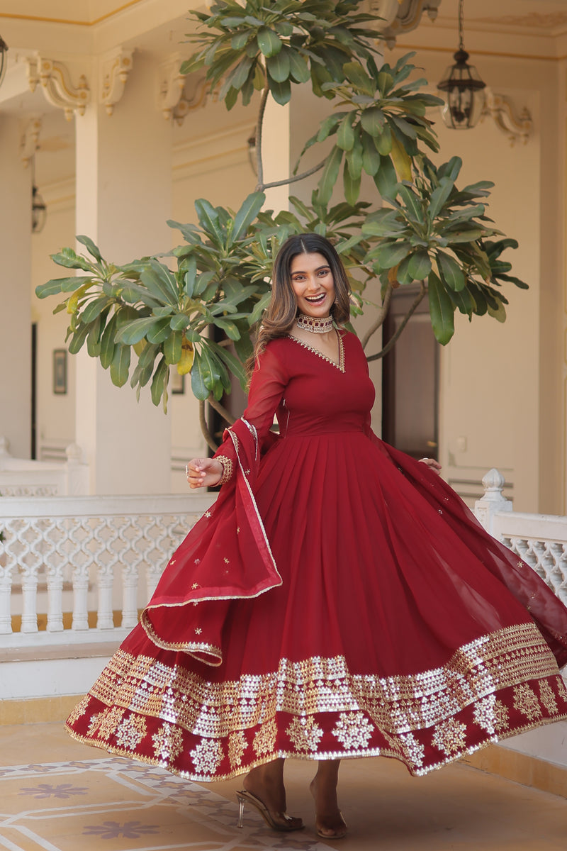 Elegant Maroon Faux Blooming Gown with Sequins Embroidered Dupatta – Graceful V Neck Design