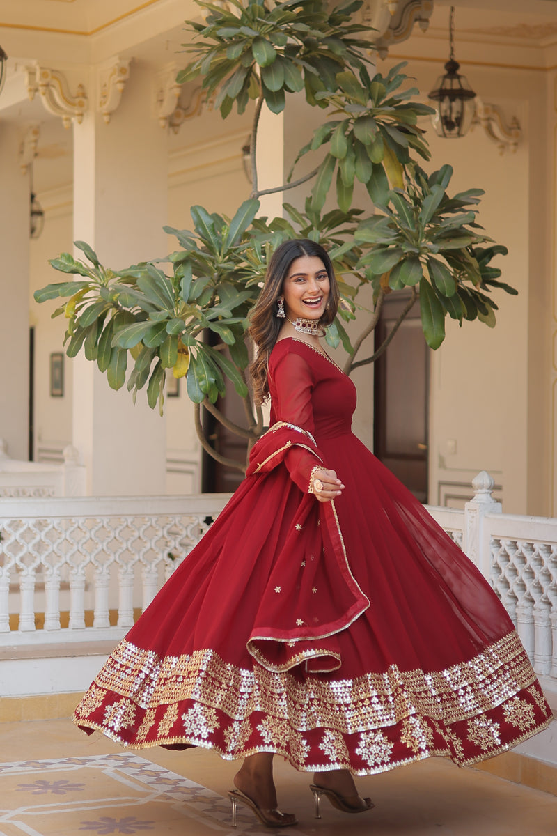 Elegant Maroon Faux Blooming Gown with Sequins Embroidered Dupatta – Graceful V Neck Design