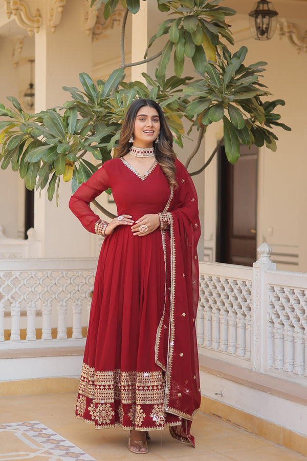 Elegant Maroon Faux Blooming Gown with Sequins Embroidered Dupatta – Graceful V Neck Design