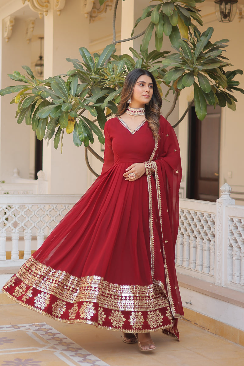 Elegant Maroon Faux Blooming Gown with Sequins Embroidered Dupatta – Graceful V Neck Design