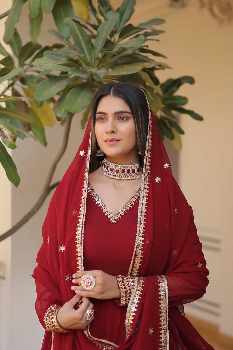 Elegant Maroon Faux Blooming Gown with Sequins Embroidered Dupatta – Graceful V Neck Design