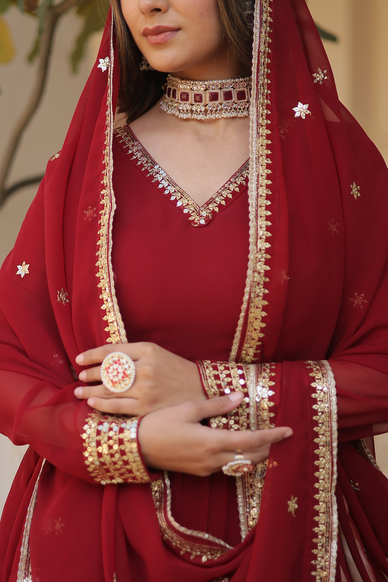 Elegant Maroon Faux Blooming Gown with Sequins Embroidered Dupatta – Graceful V Neck Design