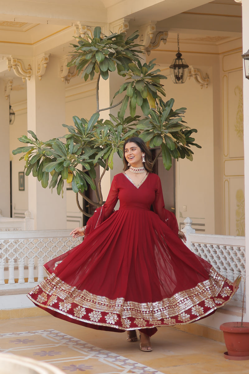 Elegant Maroon Faux Blooming Gown with Sequins Embroidered Dupatta – Graceful V Neck Design