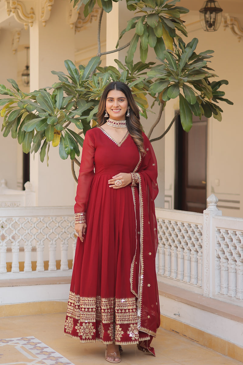 Elegant Maroon Faux Blooming Gown with Sequins Embroidered Dupatta – Graceful V Neck Design