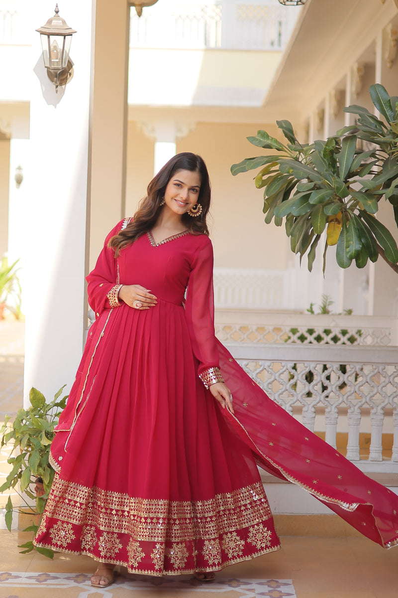 Elegant Pink Faux Blooming Gown with Sequins Embroidered Dupatta – Graceful V Neck Design