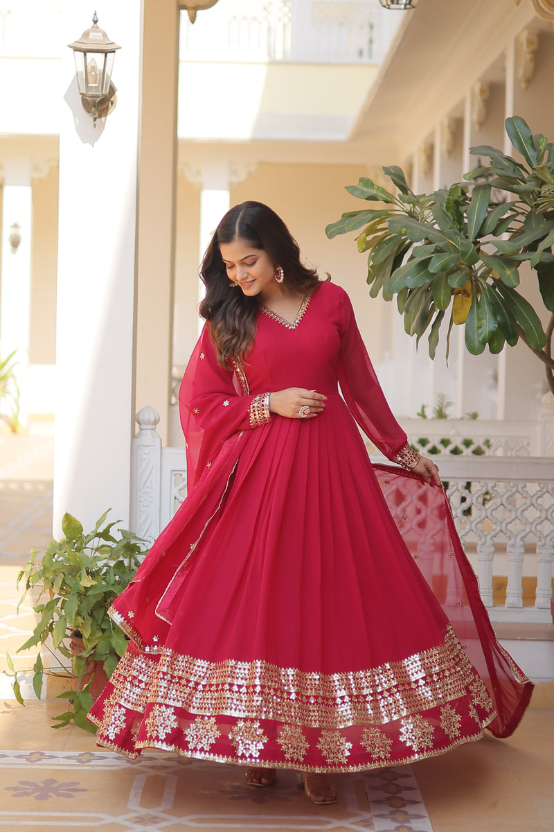 Elegant Pink Faux Blooming Gown with Sequins Embroidered Dupatta – Graceful V Neck Design