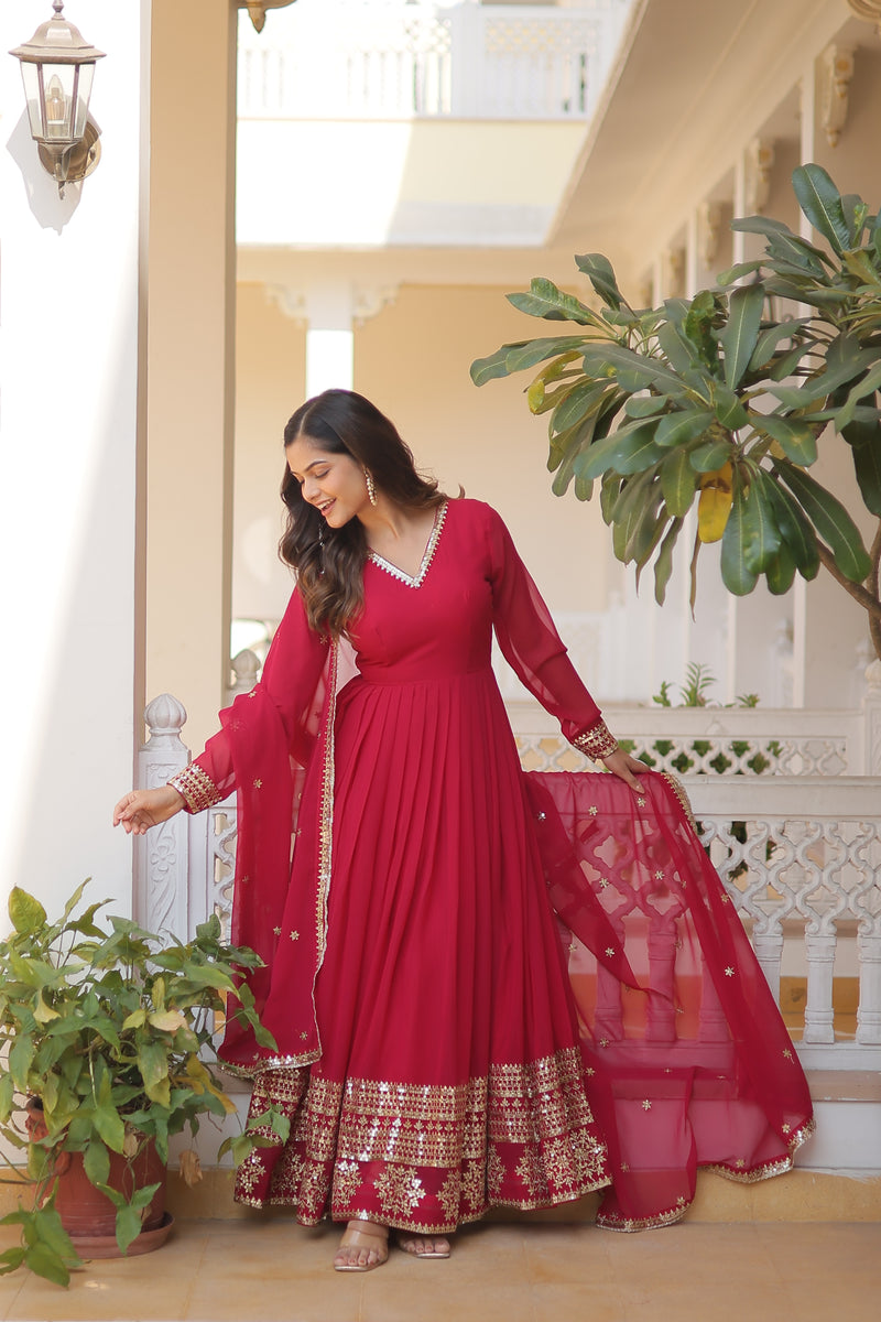 Elegant Pink Viscose Jacquard Gown with Sequins Embroidered Russian Silk Dupatta – Classy Round Neck Design