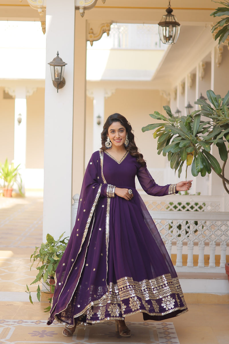 Elegant Wine Faux Blooming Gown with Sequins Embroidered Dupatta – Graceful V Neck Design