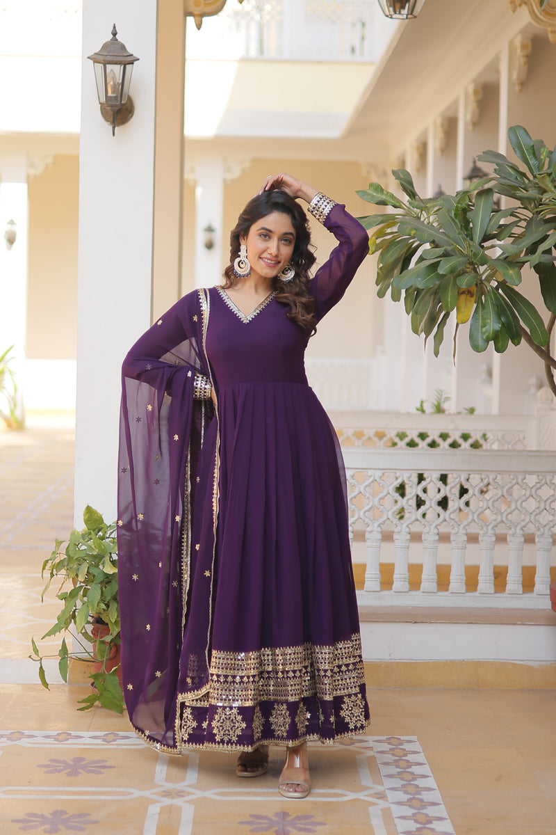 Elegant Wine Faux Blooming Gown with Sequins Embroidered Dupatta – Graceful V Neck Design