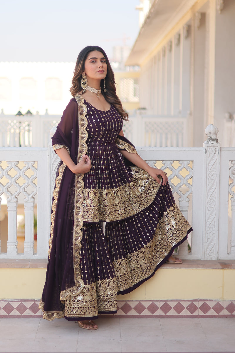 Premium Designer Ready-made Kurti-Gharara-Dupatta Set – Faux Georgette with Sequins & Thread Embroidered Work – Wine