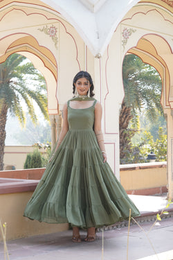 Premium Mehendi Designer Gown with Dupatta – Faux Georgette with Rich Sequins Embroidered Work