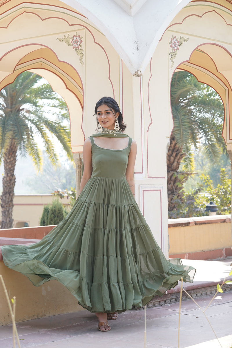 Premium Mehendi Designer Gown with Dupatta – Faux Georgette with Rich Sequins Embroidered Work