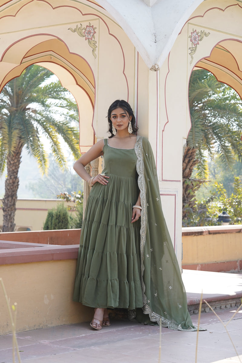 Premium Mehendi Designer Gown with Dupatta – Faux Georgette with Rich Sequins Embroidered Work