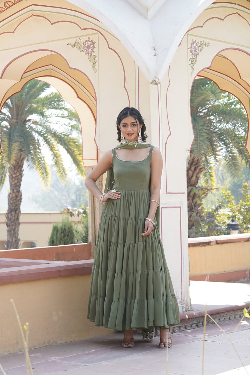 Premium Mehendi Designer Gown with Dupatta – Faux Georgette with Rich Sequins Embroidered Work