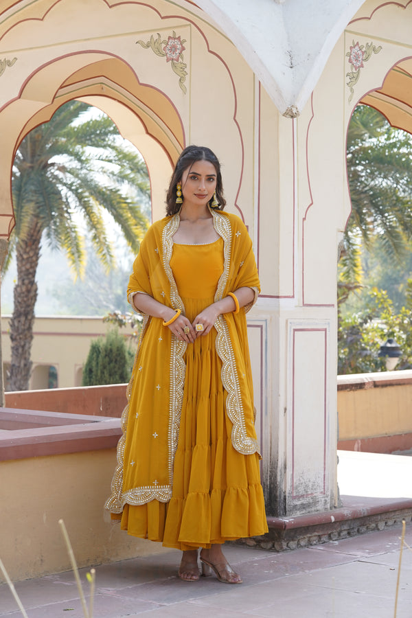 Premium Yellow Designer Gown with Dupatta – Faux Georgette with Rich Sequins Embroidered Work