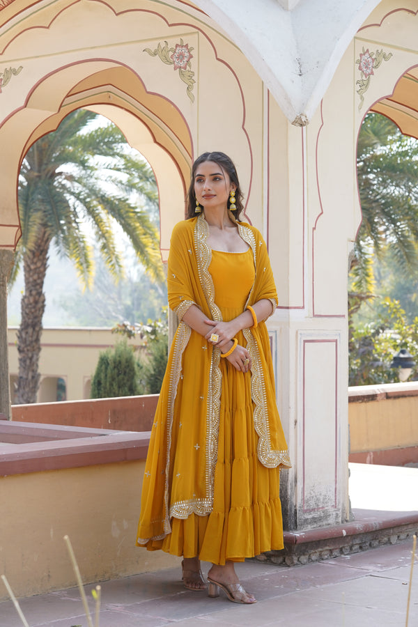 Premium Yellow Designer Gown with Dupatta – Faux Georgette with Rich Sequins Embroidered Work