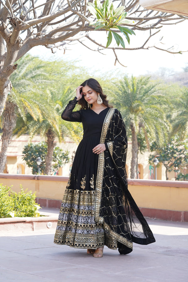 Premium Black Designer Gown with Dupatta – Faux Blooming with Jari & Thread Embroidered Sequins Work