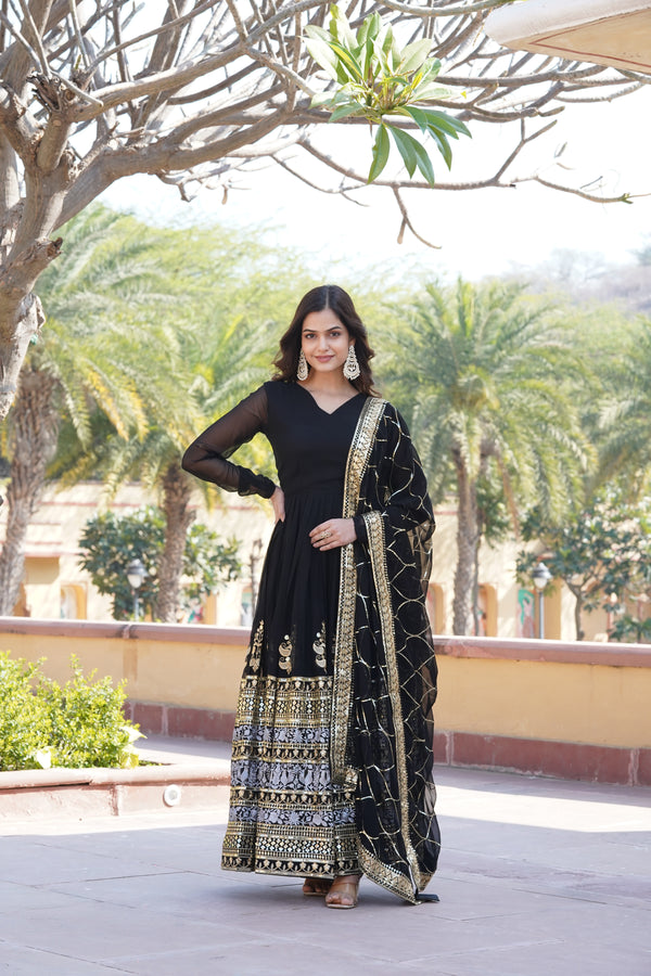 Premium Black Designer Gown with Dupatta – Faux Blooming with Jari & Thread Embroidered Sequins Work