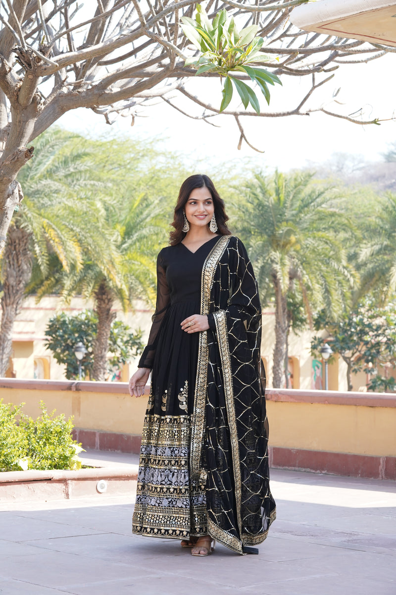 Premium Black Designer Gown with Dupatta – Faux Blooming with Jari & Thread Embroidered Sequins Work