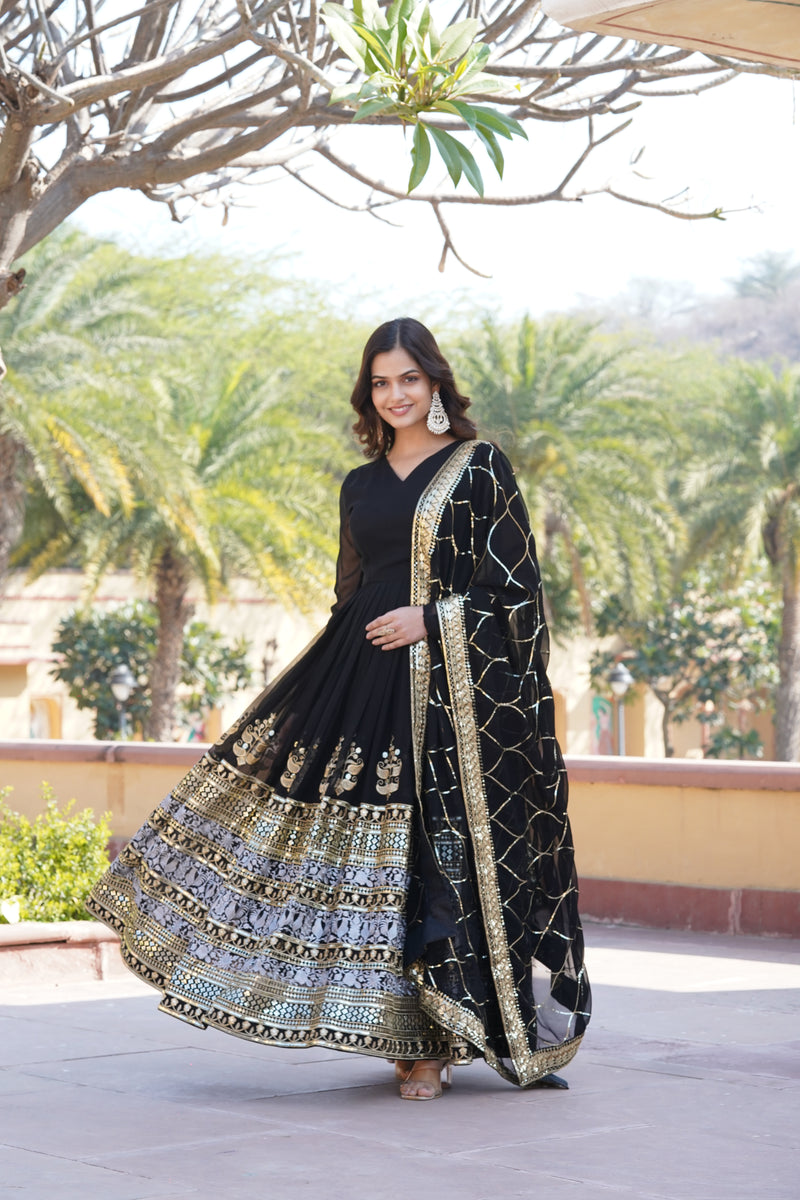 Premium Black Designer Gown with Dupatta – Faux Blooming with Jari & Thread Embroidered Sequins Work