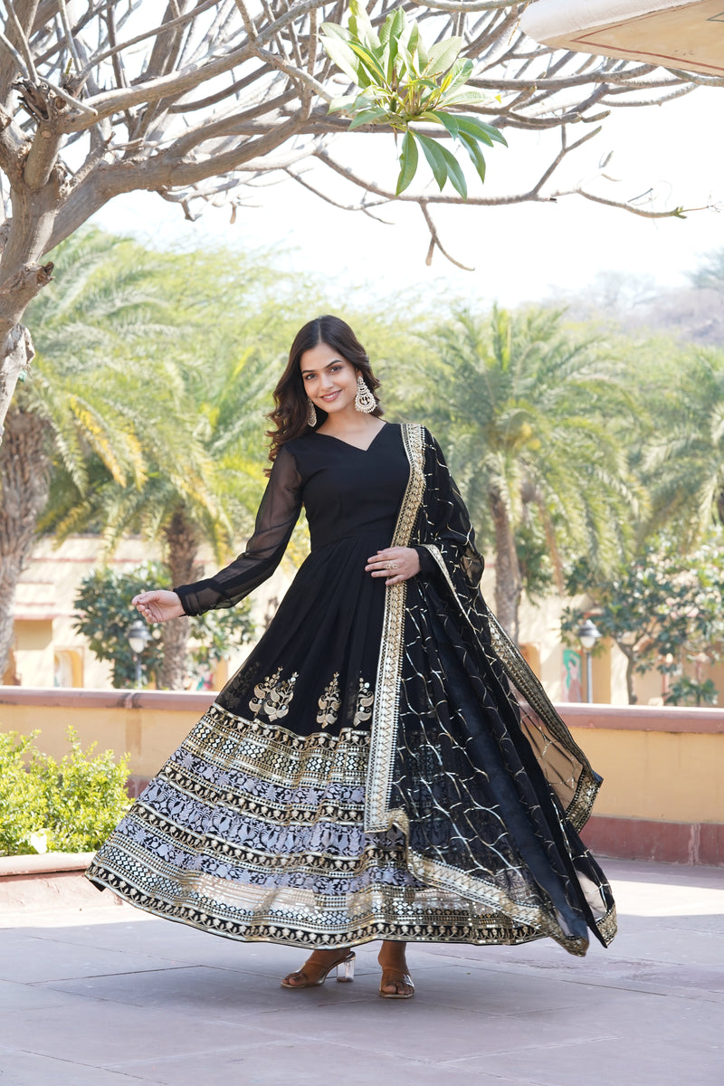 Premium Black Designer Gown with Dupatta – Faux Blooming with Jari & Thread Embroidered Sequins Work