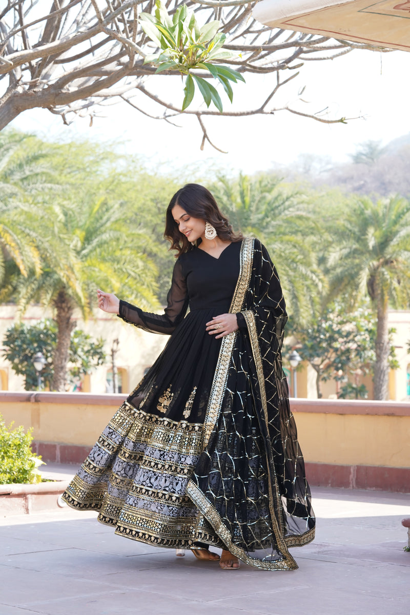 Premium Black Designer Gown with Dupatta – Faux Blooming with Jari & Thread Embroidered Sequins Work