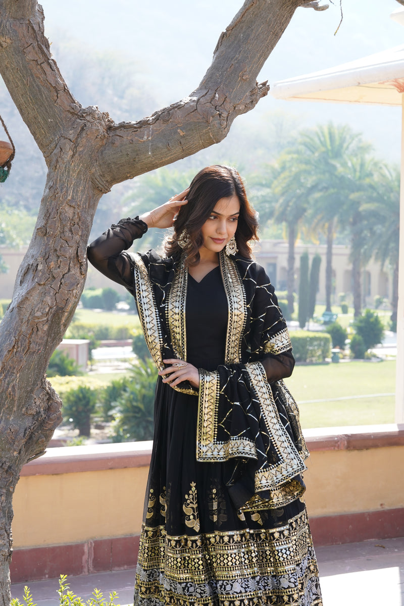 Premium Black Designer Gown with Dupatta – Faux Blooming with Jari & Thread Embroidered Sequins Work