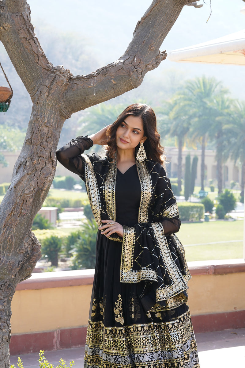 Premium Black Designer Gown with Dupatta – Faux Blooming with Jari & Thread Embroidered Sequins Work