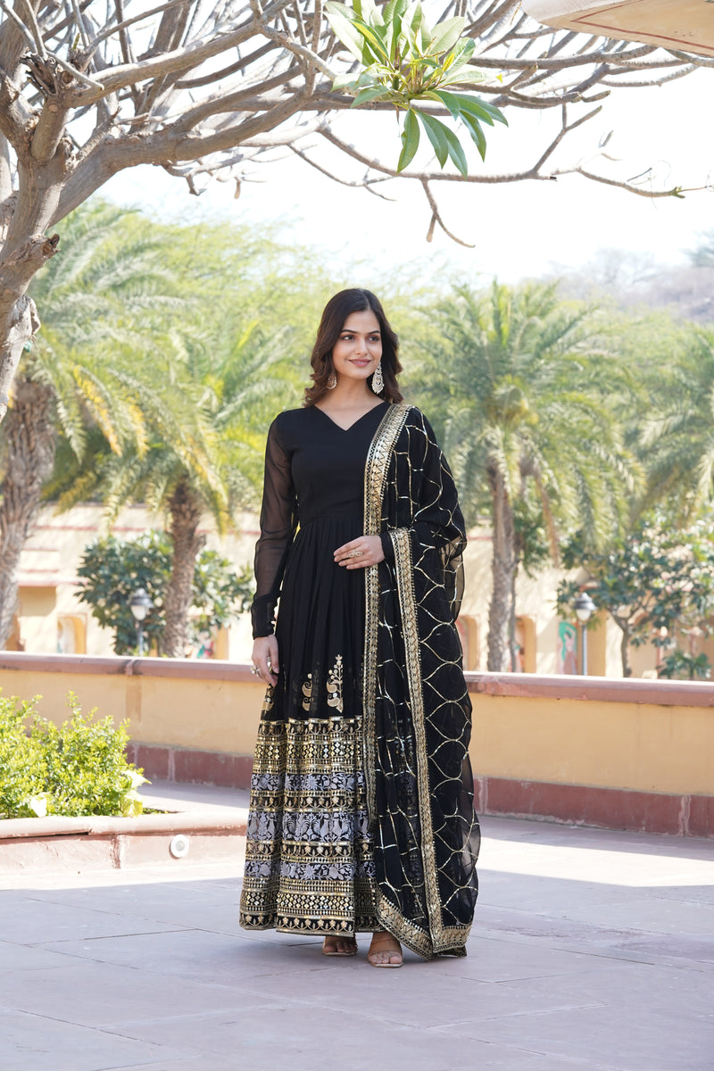 Premium Black Designer Gown with Dupatta – Faux Blooming with Jari & Thread Embroidered Sequins Work