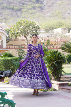 Elegant Purple Viscose Jacquard Gown with Sequins Embroidered Russian Silk Dupatta – Classy Round Neck Design