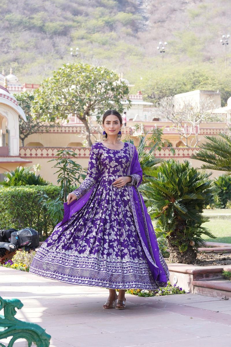 Elegant Purple Viscose Jacquard Gown with Sequins Embroidered Russian Silk Dupatta – Classy Round Neck Design