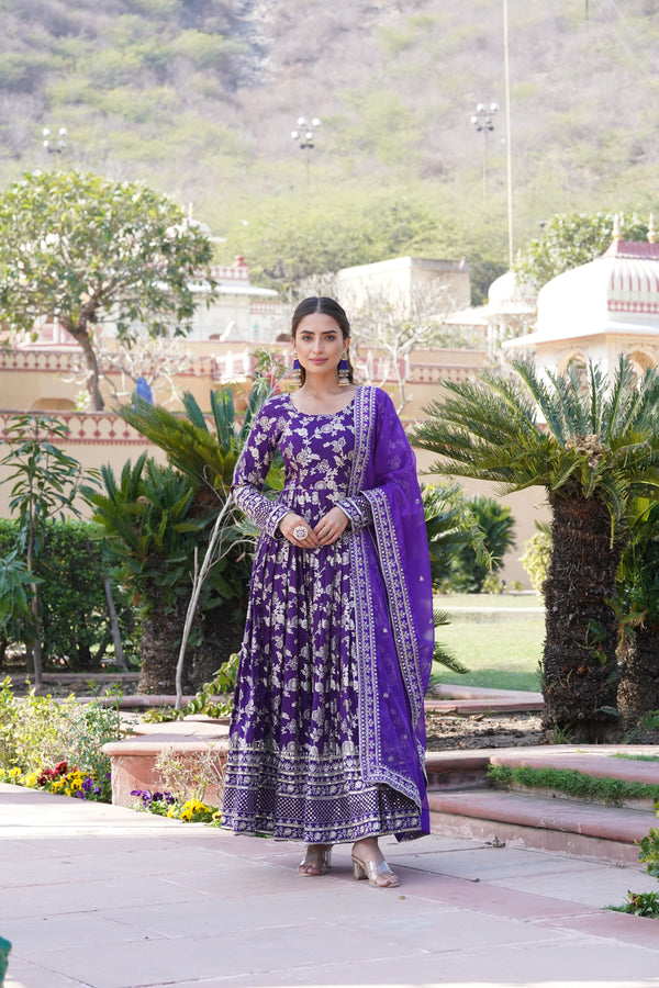 Elegant Purple Viscose Jacquard Gown with Sequins Embroidered Russian Silk Dupatta – Classy Round Neck Design