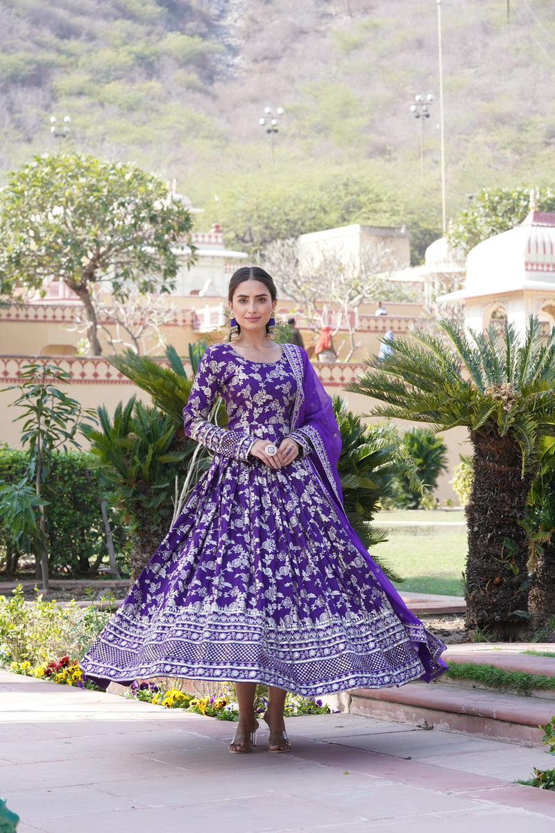 Elegant Purple Viscose Jacquard Gown with Sequins Embroidered Russian Silk Dupatta – Classy Round Neck Design