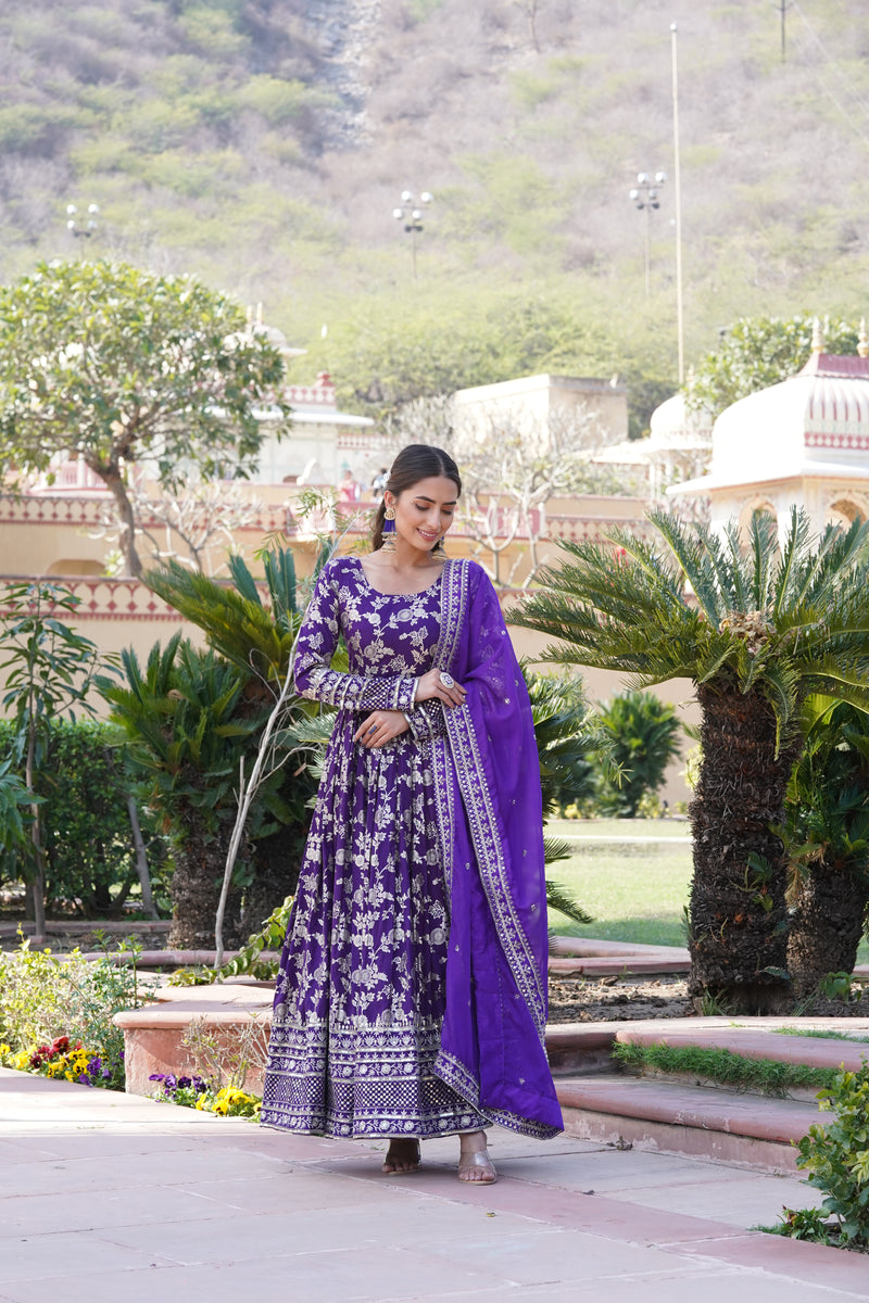 Elegant Purple Viscose Jacquard Gown with Sequins Embroidered Russian Silk Dupatta – Classy Round Neck Design