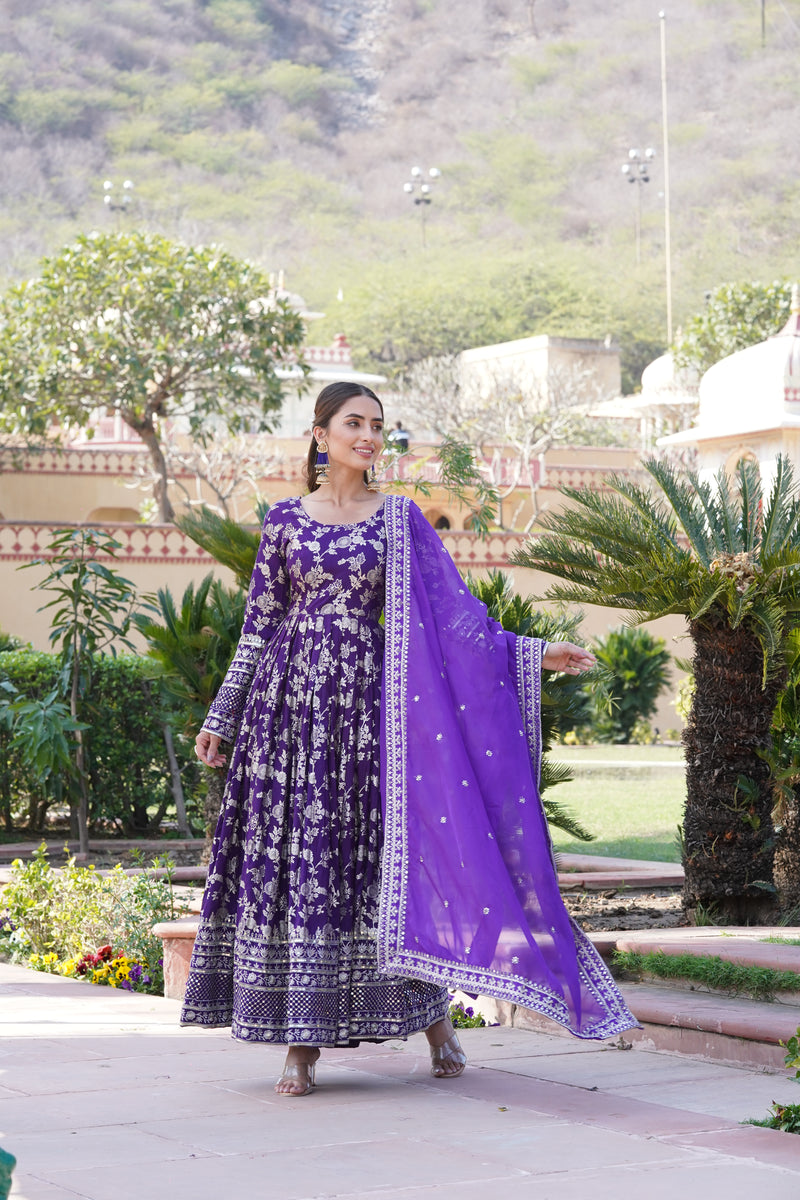 Elegant Purple Viscose Jacquard Gown with Sequins Embroidered Russian Silk Dupatta – Classy Round Neck Design