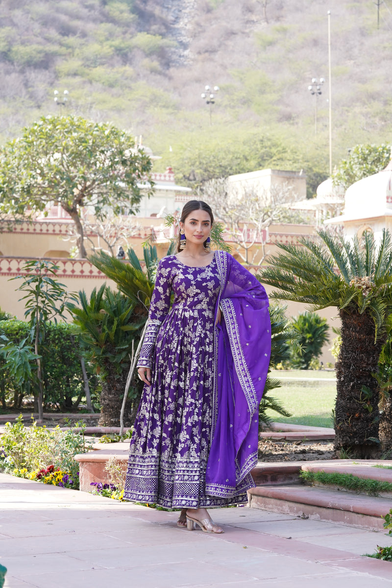 Elegant Purple Viscose Jacquard Gown with Sequins Embroidered Russian Silk Dupatta – Classy Round Neck Design