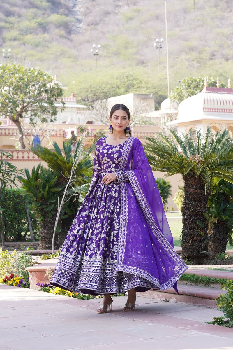 Elegant Purple Viscose Jacquard Gown with Sequins Embroidered Russian Silk Dupatta – Classy Round Neck Design