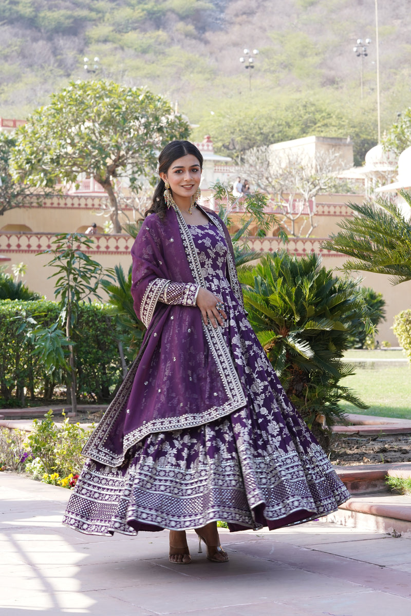 Elegant Wine Viscose Jacquard Gown with Sequins Embroidered Russian Silk Dupatta – Classy Round Neck Design