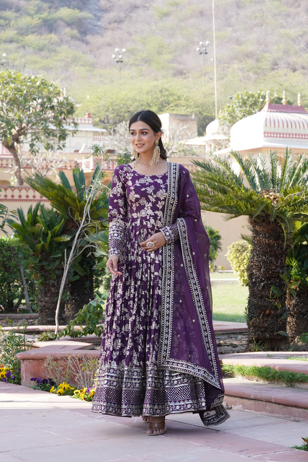 Elegant Wine Viscose Jacquard Gown with Sequins Embroidered Russian Silk Dupatta – Classy Round Neck Design