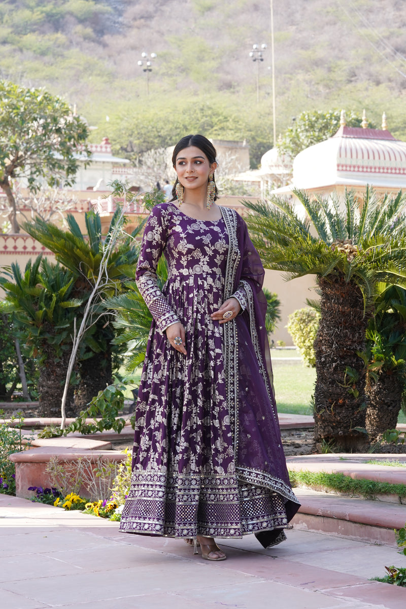 Elegant Wine Viscose Jacquard Gown with Sequins Embroidered Russian Silk Dupatta – Classy Round Neck Design