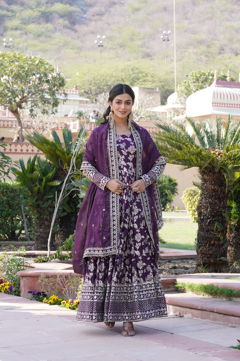 Elegant Wine Viscose Jacquard Gown with Sequins Embroidered Russian Silk Dupatta – Classy Round Neck Design