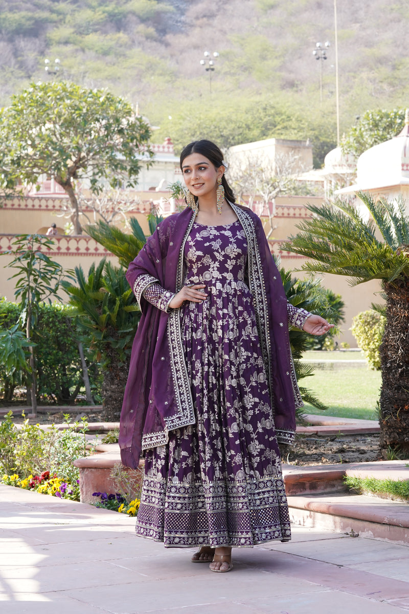 Elegant Wine Viscose Jacquard Gown with Sequins Embroidered Russian Silk Dupatta – Classy Round Neck Design