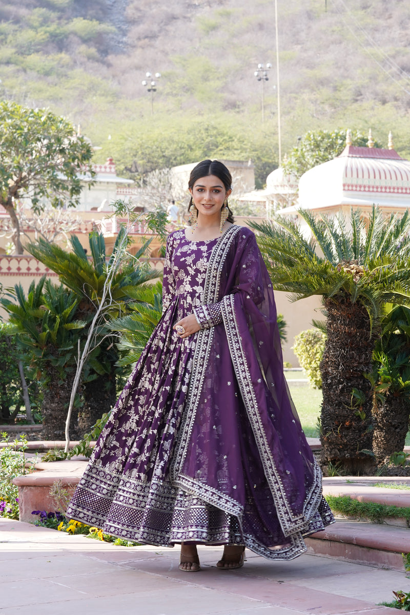 Elegant Wine Viscose Jacquard Gown with Sequins Embroidered Russian Silk Dupatta – Classy Round Neck Design