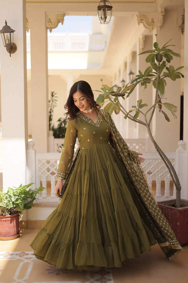 Designer Mehendi Faux Georgette Gown with Sequins Embroidered Dupatta – Festive 15-Meter Flair Elegance