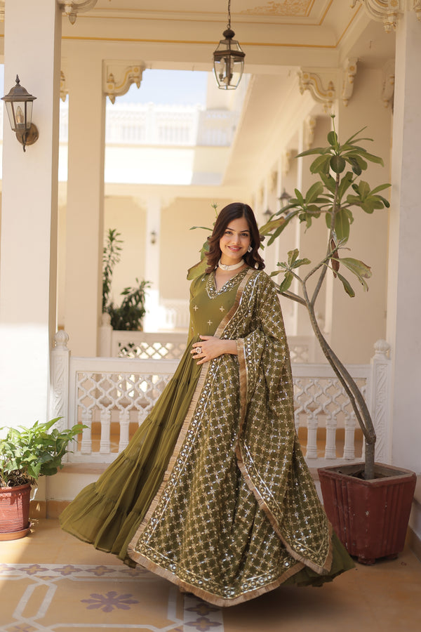 Designer Mehendi Faux Georgette Gown with Sequins Embroidered Dupatta – Festive 15-Meter Flair Elegance