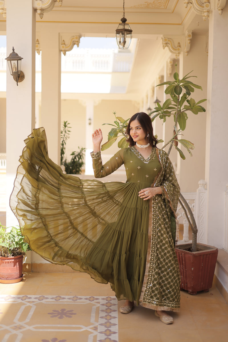 Designer Mehendi Faux Georgette Gown with Sequins Embroidered Dupatta – Festive 15-Meter Flair Elegance