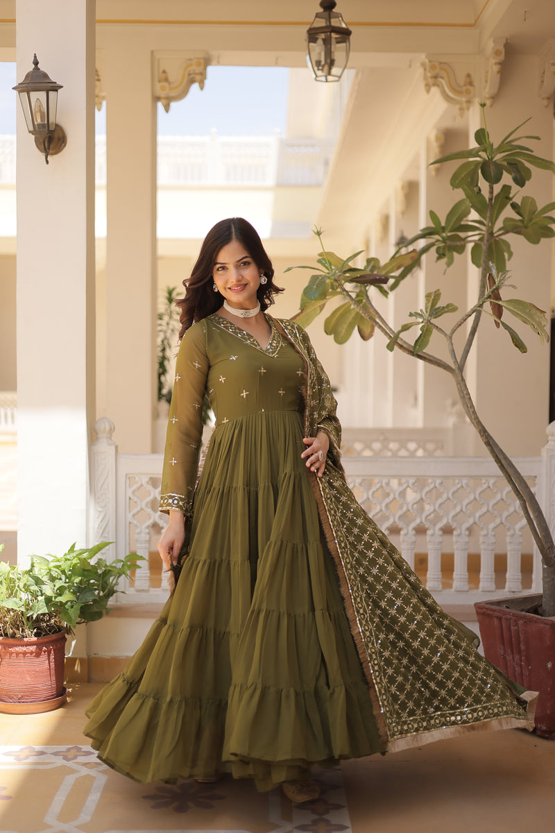 Designer Mehendi Faux Georgette Gown with Sequins Embroidered Dupatta – Festive 15-Meter Flair Elegance